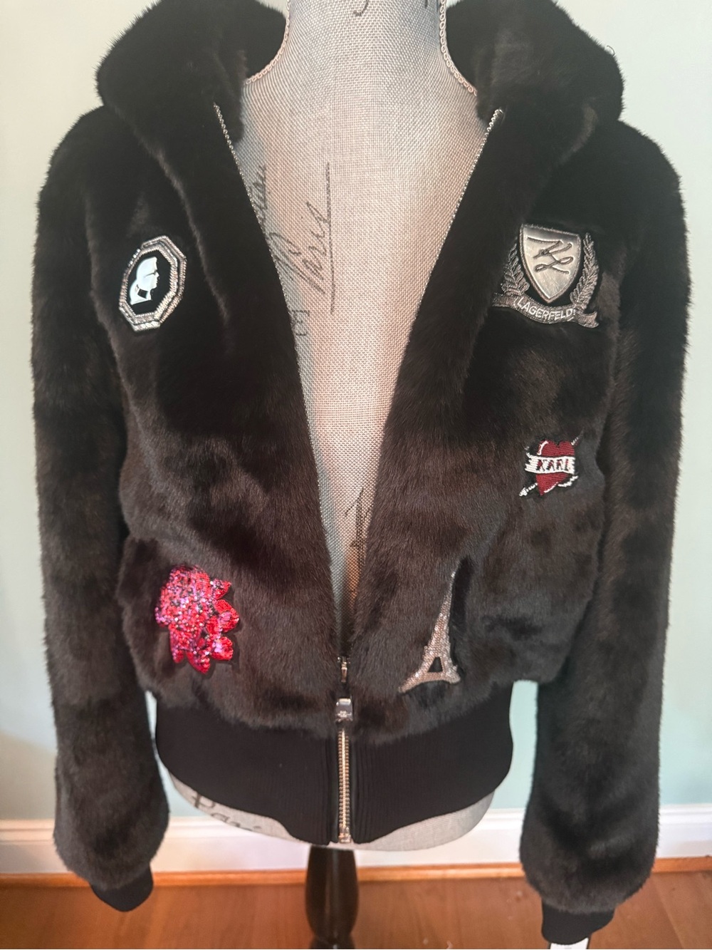 Karl Lagerfeld Black Hooded Puffer Jacket with Patch Details
